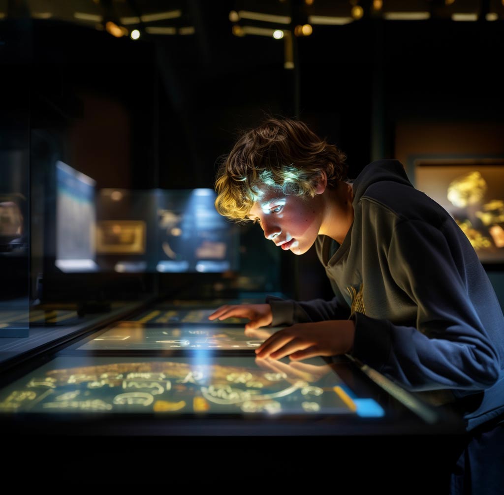 Visitor exploring a glowing interactive exhibit table